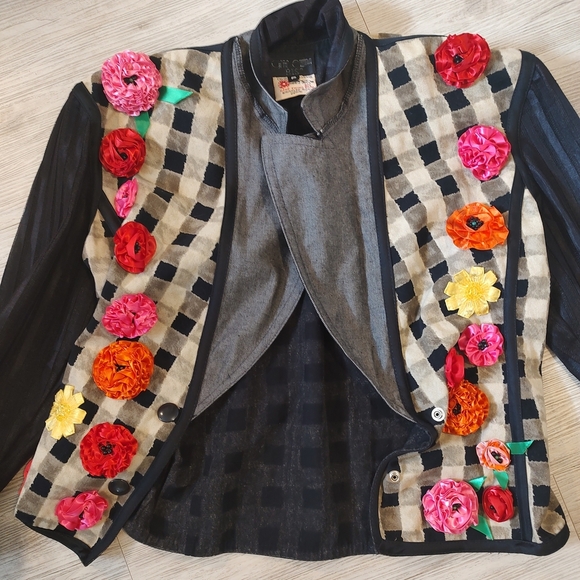 Gene Ewing BIS Vintage Floral Embellished Checkered Women's Blazer Medium - Picture 9 of 14